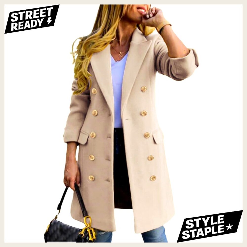 Slim Fit Double Breasted Wool Peacoat Midi Length Long Sleeve Coat